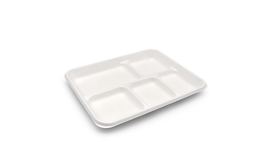Bagasse Molded Fiber Dinnerware, 5-Compartment Tray, White 8 x 10 ,  500/Carton - LionsDeal